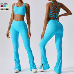 Conjuntos ativos cor sólida com nervuras macacão de ginástica feminino duas peças conjunto de ioga super elástico respirável casual roupas esportivas femininas para treino