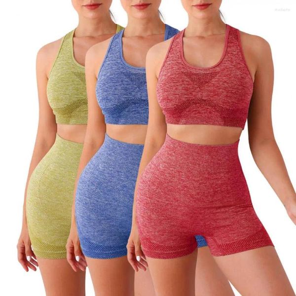 Conjuntos activos Conjunto de Sujetador deportivo ropa deportiva de cintura alta para mujer con chaleco con cuello en V pantalones cortos ajustados diseño sin espalda de secado rápido sudor para