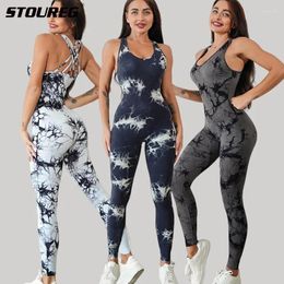 Actieve sets STOUREG Dames Tie Dye Sport-jumpsuit met borstkussens Fitnesstrainingsset uit één stuk Nauwsluitend yogapak