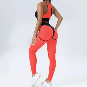 Ensembles actifs costume transparent pour Fitness Sexy maille vêtements de Sport femmes survêtement Orange rose deux pièces ensemble tenue de Sport noir violet