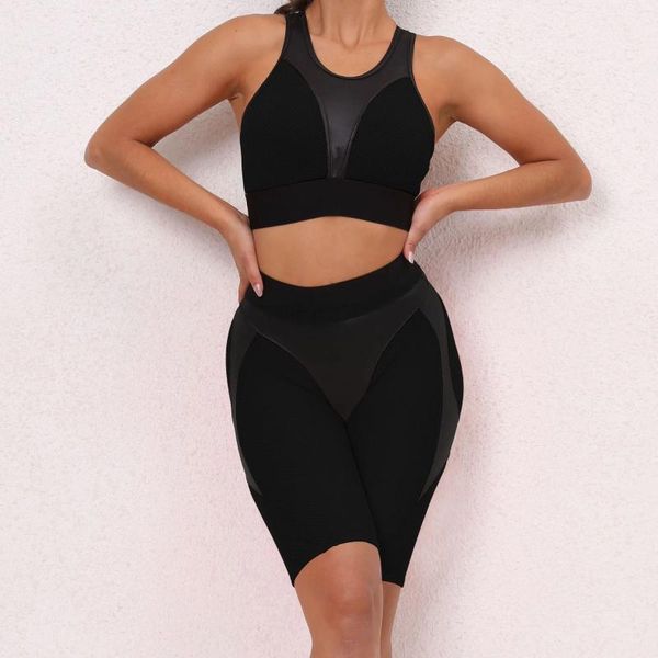 Conjuntos activos traje transparente para Fitness conjunto de gimnasio de malla Sexy ropa deportiva para mujer 2023 ropa deportiva chándal negro naranja rosa