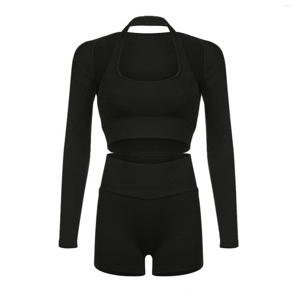 Ensembles actifs femmes Simple décontracté basique court nombril suspendu cou Yoga Fitness gants et chaussettes ensemble pour les femmes roue arrière