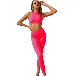 Ensembles actifs Femmes Retour Zipper Fluorescent Couleur Yoga Set Workout Sportswear Gym Vêtements Crop Bra Taille Haute Leggings Femme Costume De Sport F24