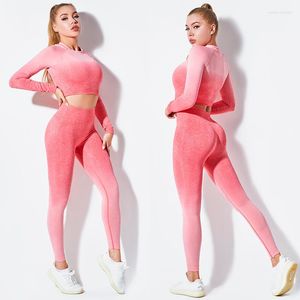 Ensembles actifs Femmes Vêtements Yoga Gym Seamless Fitness Running Leggings Costume Mode Gilet Stretch Haut À Manches Longues Jogging Ensemble Sportswear