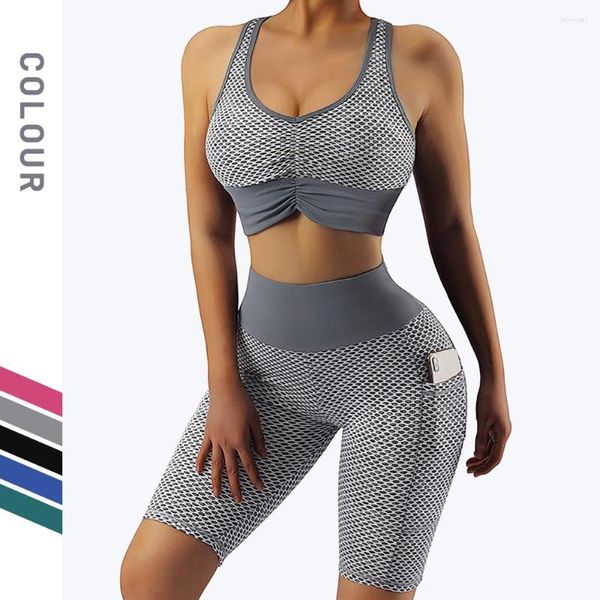 Ensembles actifs femmes grille à motifs beauté dos sport soutien-gorge taille haute Yoga pantalon Fitness ensemble costume haut court vêtements de sport femme