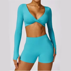 Ensembles actifs Femmes à manches longues antichoc soutien-gorge haut Yoga ensemble 2 pièces vêtements d'entraînement de gymnastique taille haute Leggings courts course Fitness vêtements de sport