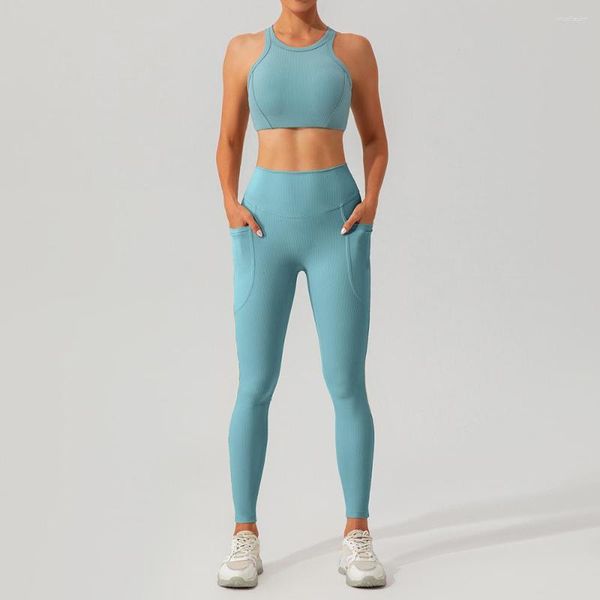 Conjuntos activos de Yoga para mujer, ropa de entrenamiento de 2 piezas, mallas de cintura alta cosidas, Tops cortos deportivos, conjunto de ropa para correr