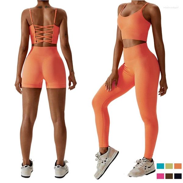 Ensembles actifs Femmes Yoga Costume Sans Couture Rib Tissu Fitness Entraînement Tenue Stretch Sport Soutien-Gorge Shorts Leggings Gym Ensemble 3 Pièces Dame Survêtement