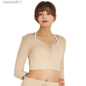 Ensembles actifs Chemise de fitness à manches longues pour femmes coton côtelé élastique ajustement serré danse yoga Pilates course et exercice topC24320