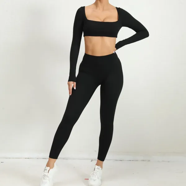 Conjuntos activos de entrenamiento para mujer, ropa de Yoga, conjunto de gimnasio de Lycra, acolchado para mujer, Top deportivo de manga larga, conjunto de mallas, ropa deportiva para mujer, negro y rojo