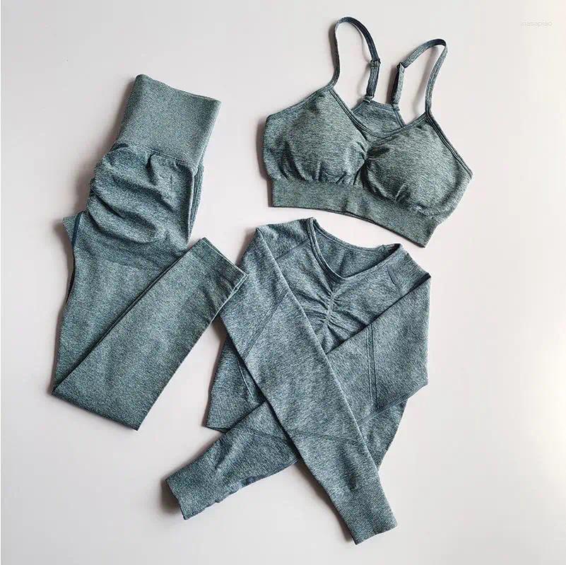 Active Sets Yoga Set Sport Suit Long Sleeve Crop Top High Waist Leggings Seamless Gym Tracksuit Fitness Workout Clothes Women Sportswear