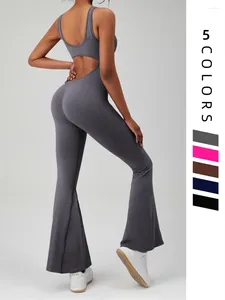 Ensembles actifs Ensemble de yoga Combinaison évasée serrée Survêtement pour femme Noir Creux Dos nu Sans couture Coupe ajustée Une pièce Barboteuses d'entraînement Vêtements de sport