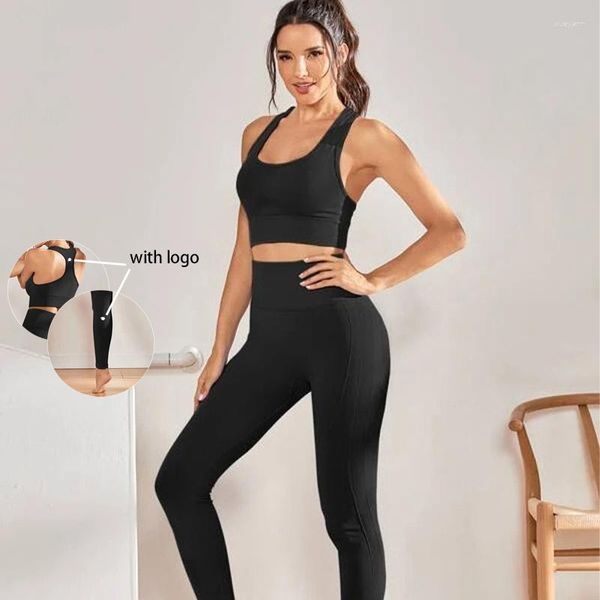 Ensembles actifs ensemble de Yoga avec Logo vêtements de sport deux pièces Leggings taille haute pour femmes course à pied respirant vêtements d'entraînement soutien-gorge de sport