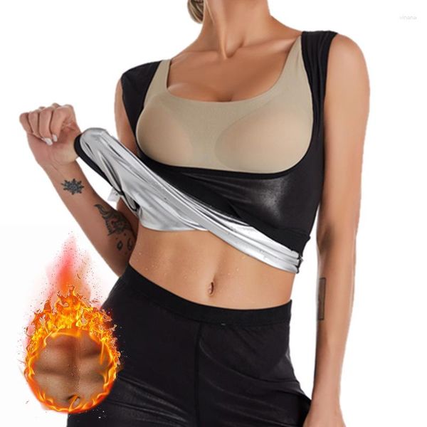 Active Shirts 2023 Femmes Silver Coated Sports Fitness Running Sweaty Body Shaping Vêtements Yoga Sauna Stuffy Sweat Abdominal Vest S / M 5XL