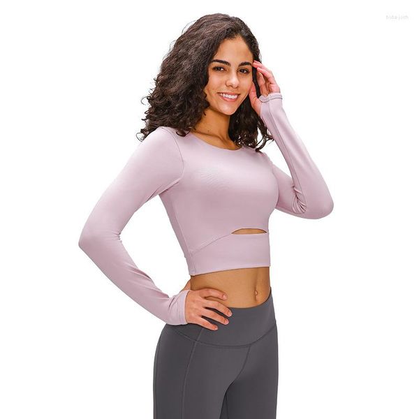 Chemises actives ABS LOLI mignon devant découpe à manches longues Gym entraînement haut court avec soutien-gorge intégré Yoga Fitness Sports pour les femmes