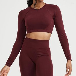 Actieve shirts abs loli naadloos lange mouw crop top open back yoga slank fit gecorrigeerde fitness hardloop t-shirts gym workout tops vrouwen