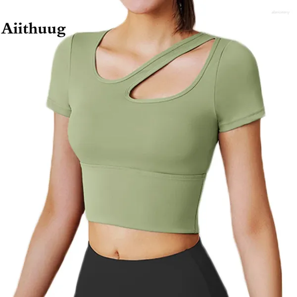 Camisas activas Aiithuug Copa incorporada Yoga Top corto de manga corta Resaltado de clavícula sexy Cultivos de gimnasio Tops de entrenamiento Fitness Trotar Elástico