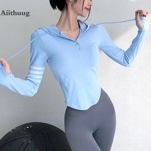 Actieve shirts aiithuug hoodies yoga lange mouw duim gat gym tops knop voorkant bochtige taille fitness workout shirt schattige top sporten