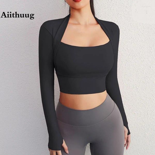 Chemises actives aiithuug à angle droit d'épaule des hauts de yoga à manches longues compresse sportive crop top top workout cultures insert rembourrés