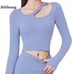 Actieve Shirts Aiithuug Yoga Ingebouwde Cup Gym Shirt Top Sexy Sleutelbeen Crop Gewatteerde Sport Lange Mouw Workout Tops Duim gat