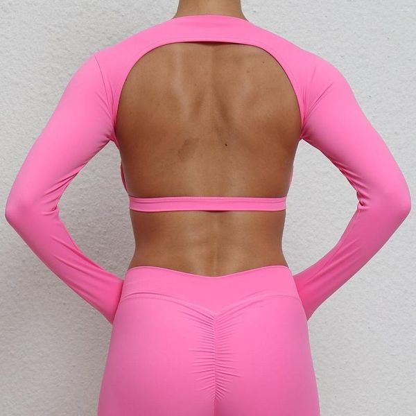 Chemises actives dos nu à manches longues haut court Yoga gymnase femmes Fitness T-shirt Sport Lycra vêtements de Sport automne vêtements pour femmes rose