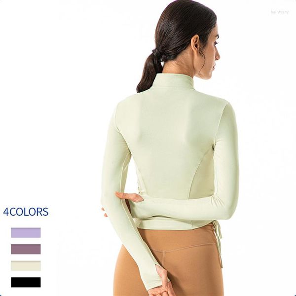 Chemises actives Mode Costume de yoga serré Manteau à manches longues Col montant Hauts de sport pour femmes Fitness Running Zipper Slim Finger Sleeve