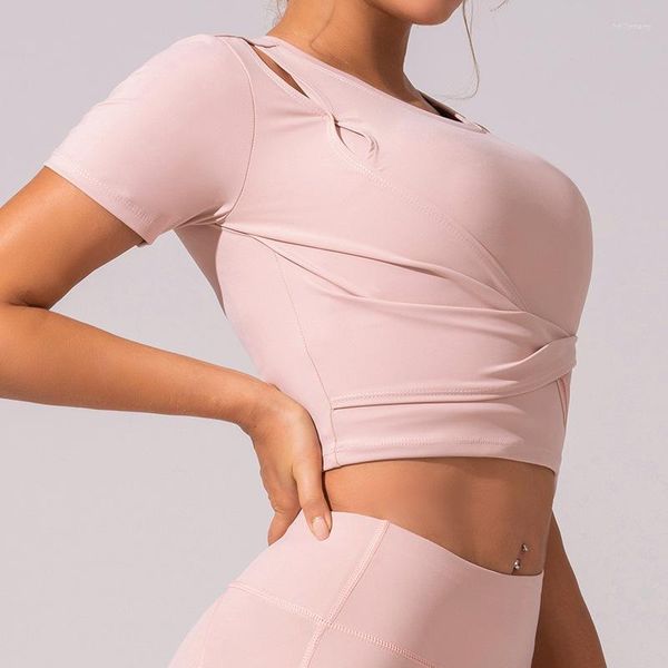 Camisas activas GymHUB Ropa de yoga Manga corta Desnudo Ahueca hacia fuera las mujeres Apretadas Correr Fitness Deportes Top