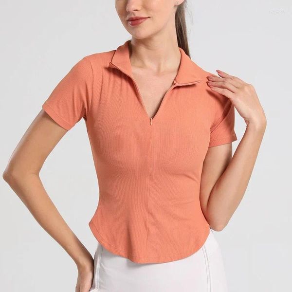 Chemises actives Demi-fermeture à glissière Vêtements de fitness Veste de sport à manches courtes Élastique Serré Sexy T-shirt à revers Gym Blouses pour femmes Mujer De