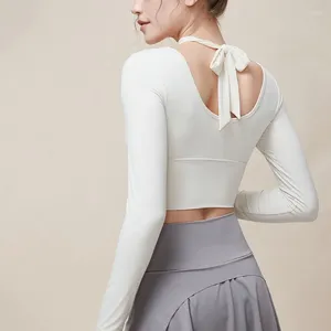 Chemises actives col suspendu Yoga Sport hauts rembourrés femmes Sexy maille à manches longues Fitness mince haut court vêtements d'entraînement de gymnastique