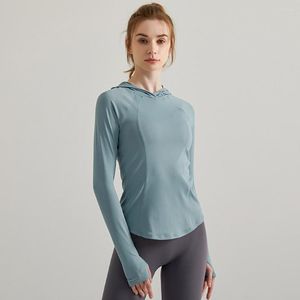 Active Shirts Hooded Yoga Gym Top Vrouwen Jas Vinger Lange mouw Slanke Sportblouse Sneldrogend Fitness T-shirt Jogging Workout