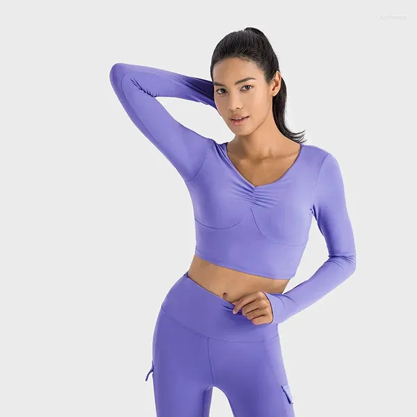 Chemises actives Logo noir femmes Sexy Yoga mince gymnase à manches longues haut court avec coussinets Fitness vêtements d'entraînement porter fille vêtements de sport