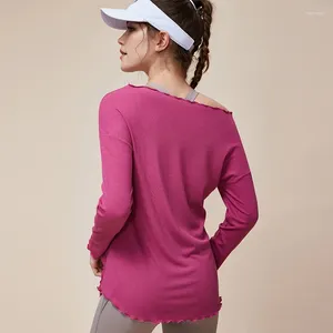 Chemises actives à manches longues femmes Gym Yoga Fitness sport personnalité fente latérale en bois oreille couverture en dentelle couverture fesse facile noeud élastique