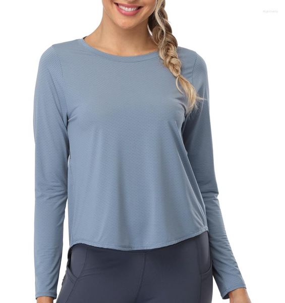 Camisas activas Tops de entrenamiento de manga larga para mujeres Loose Fit Mesh Open Split Back Yoga de secado rápido