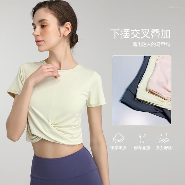 Camisas activas desnudas de secado rápido, camiseta deportiva de manga corta, ropa de Yoga transpirable con cintura cruzada, cosecha Sexy, moda Fitness para mujeres