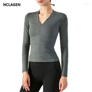 Chemises actives NCLAGEN Yoga Shirt Col V Manches Longues Haute Élastique Fitness Top Butter-Soft Skin Friendly Running Workout Sports Blouse