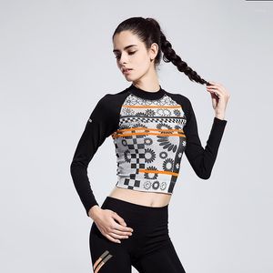 Chemises actives imprimées femmes recadrée sport t-shirt à manches longues Sexy exposé nombril femme Fitness Yoga haut course mince vêtements de sport chemise