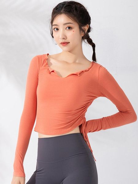 Aktive Shirts Sexy Träger-Sport-T-Shirt Damen eng anliegendes Langarm-Yoga-Shirt Lauf-Fitness-Kleidung war im Herbst dünn