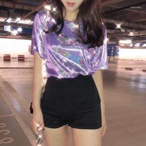 Chemises actives Sparkle Party Disco Tee Shirt Blouse Mode Rétro Soie Brillante Lâche Femme T-shirt Corée Streetwear Lady Tops