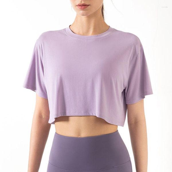 Chemises actives T-shirt de sport à manches courtes Gym Crop Top Fitness Femmes Loose Naked-feel Tissu Buttery-Soft Workout Loisirs Yoga Blouse