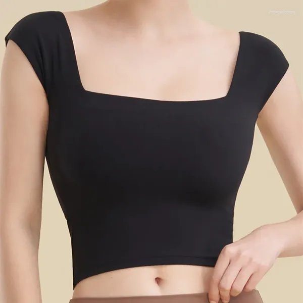 Camisas activas Ropa interior de yoga con cuello cuadrado Mujeres Gimnasio Fitness Manga corta Slim Sexy Crop Top Entrenamiento al aire libre Elástico Transpirable Tanque suave