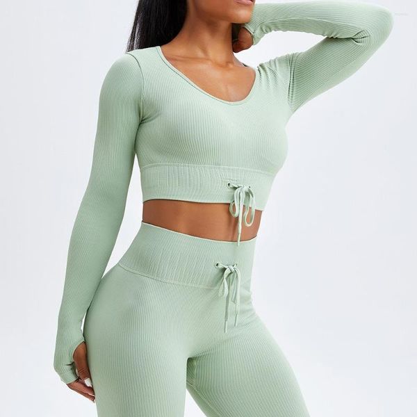 Chemises actives Style vêtements à séchage rapide Yoga pour femmes musculation avec lacets et nombril exposé chemise de sport serrée à manches longues