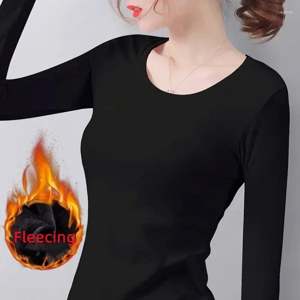 Active Shirts Sous-vêtements thermiques femmes chemise de fond polaire hiver mince basique à manches longues T-Shirts mince velours fibre chauffante hauts courts