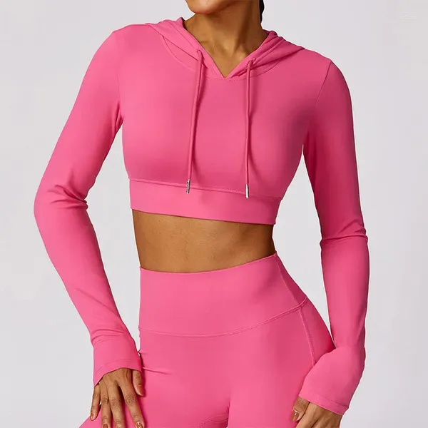Camisas activas Top Yoga de manga larga Chaqueta de capucha con capucha con capucha Fitness Sports para mujeres gimnasios al aire libre con botón de vientre expuesto