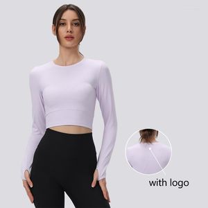 Actieve shirts met logo damesdraad panty's stretch yoga top 6 kleuren sexy bijgesneden sport fitness lange mouw snel droge jogging shirt t