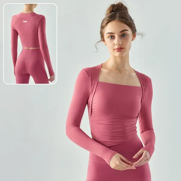 Camisas activas con logo Top deportivo Otoño e invierno Traje de fitness delgado de dos piezas falso de nailon para mujer Estiramiento Transpirable Yoga apretado largo