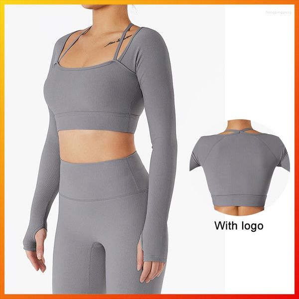 Chemises actives avec Logo pour femmes, Sexy, col suspendu, sangle d'épaule, haut de sport, Fitness, Yoga, manches longues, mode décontractée