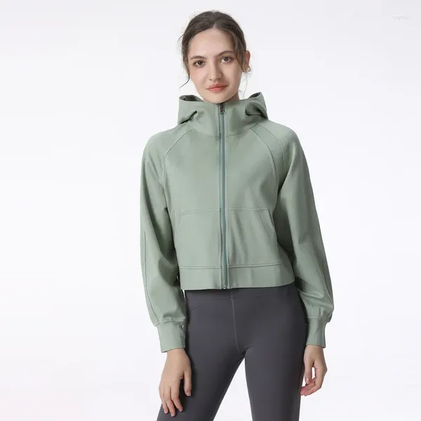 Chemises actives avec logo Yoga à manches longues, veste d'entraînement de course en plein air, vêtements de sport amples pour femmes, automne et hiver, fermeture éclair chaude, salle de sport à capuche