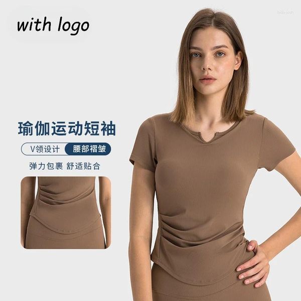 Chemises actives Femme T-shirt côtelé col en V avec coussin de poitrine Yoga Top Fold Slim taille course Fitness sport à manches courtes pour les femmes