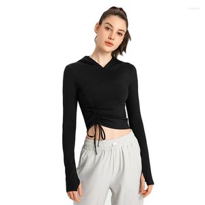 Chemises actives Wome Yoga Shirt Hooded Long Sleeves With Thumb Hole Tie Waist Design Solid Nylon Spandex