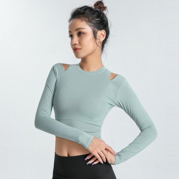 Chemises actives Femmes Sports Creux À Manches Longues T T-shirt De Yoga Élastique À Séchage Rapide Gym Fitness Crop Tops O Col Tight Training Sportswear